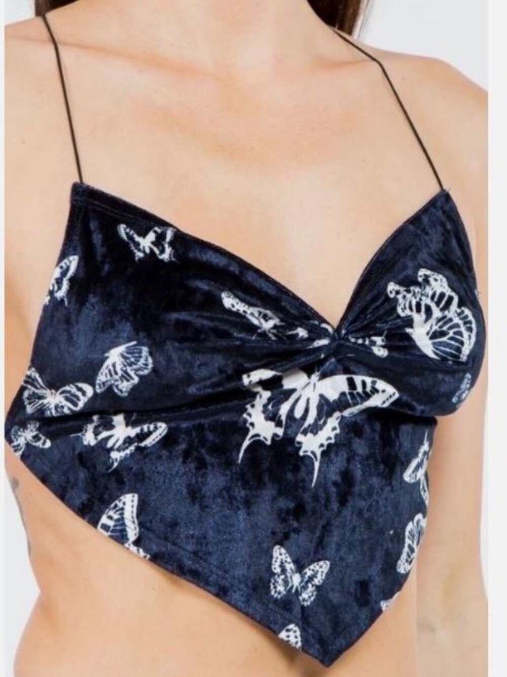 Bear Dance Butterfly Velvet Crop Top Crisscross Back Tie Navy Blue Small NEW NIP